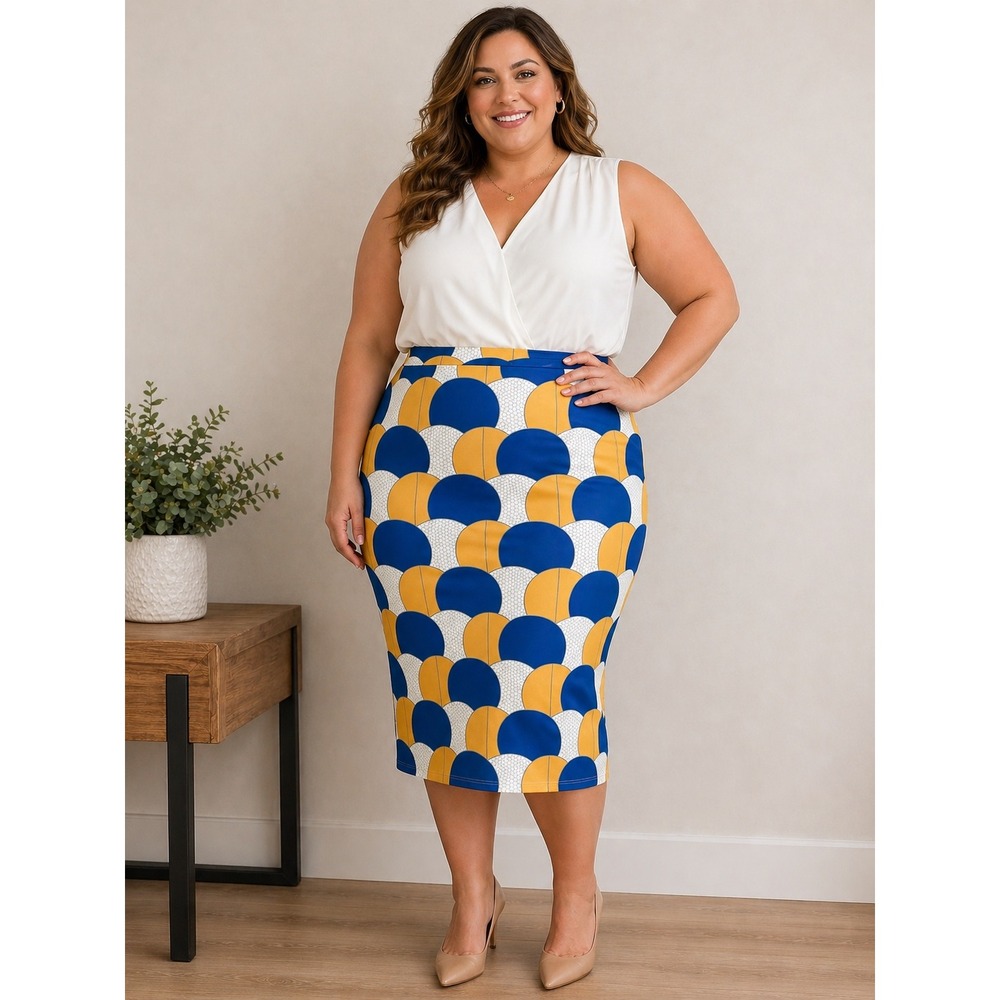 Honeycomb Orbs Pencil Skirt 4XL Blue Gold Geometric Stretch Midi Boho Basketball
